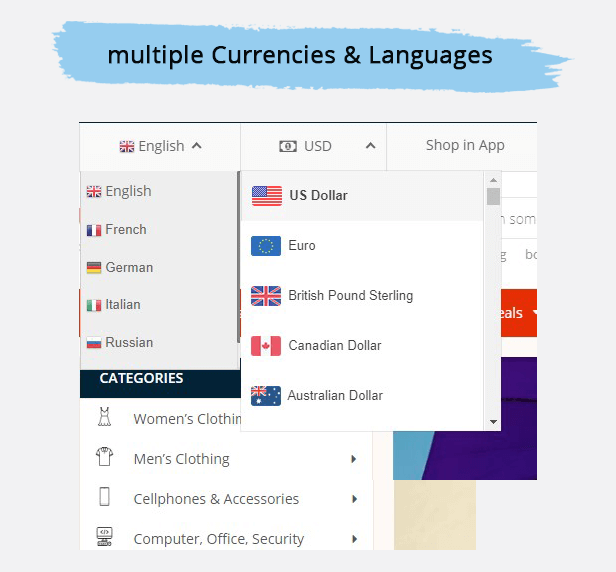 shopify ultrastore multiple currencies languages